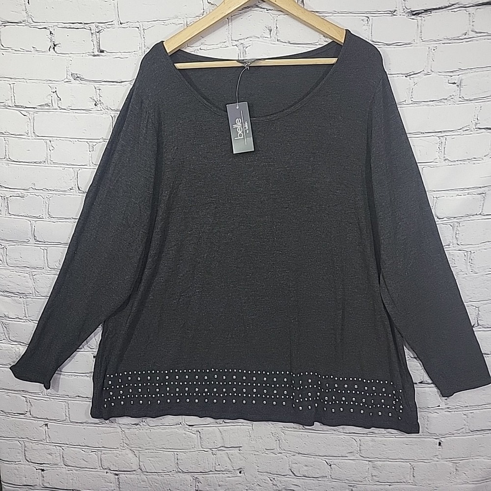 Belle Belldini Sweater‎ Womens Plus 3X Charcoal Gray Studded Tunic Pullover NEW